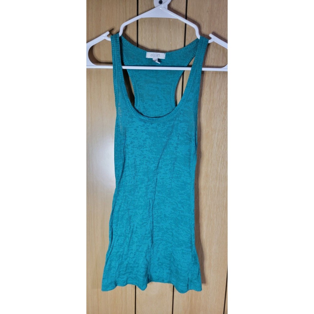 Y2K Delias Juniors Small Teal Blue Tank Top Racerback Semi Sheer Boho Textured